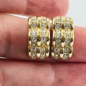 SWAROVSKI GOLDTONE PAVE RHINESTONE STUD EARRINGS RIPPLE WAVE CRESCENT PIERCED